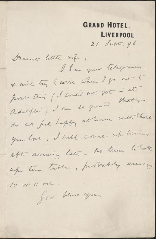 [John Biddulph Martin] autograph note to [Victoria Woodhull Martin], Liverpool, [England], September 21, 1896
