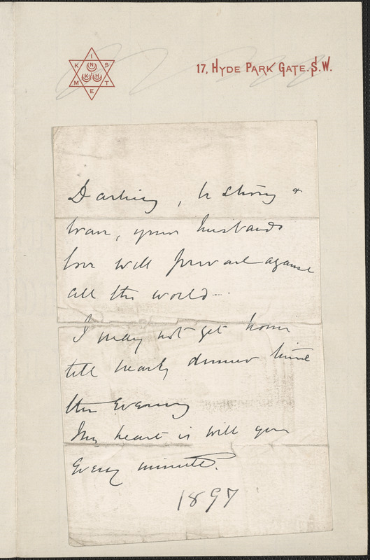 [John Biddulph Martin] autograph note to [Victoria Woodhull Martin], 1897