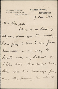 [John Biddulph Martin] autograph note signed to [Victoria Woodhull Martin], Tewkesbury, [England], January 7, 1897