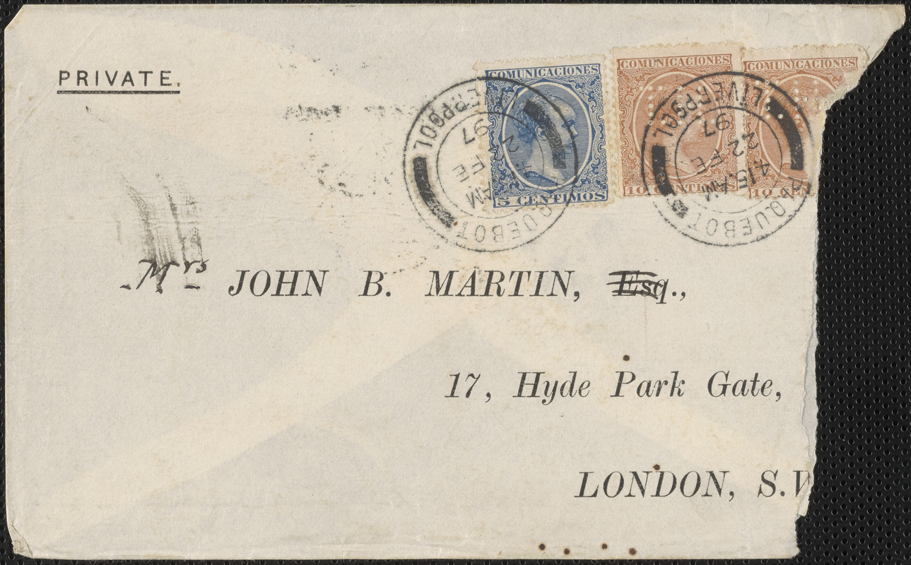 [John Biddulph Martin] envelope to Mrs. John B. Martin [Victoria Woodhull Martin] Liverpool, [England], February 22, 1897