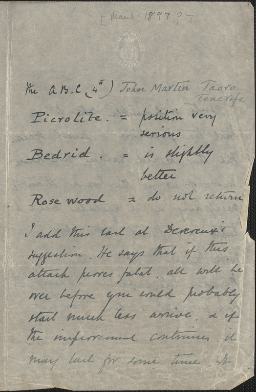 Autograph note (incomplete), Taoro, Tenerife, [March 1897?]
