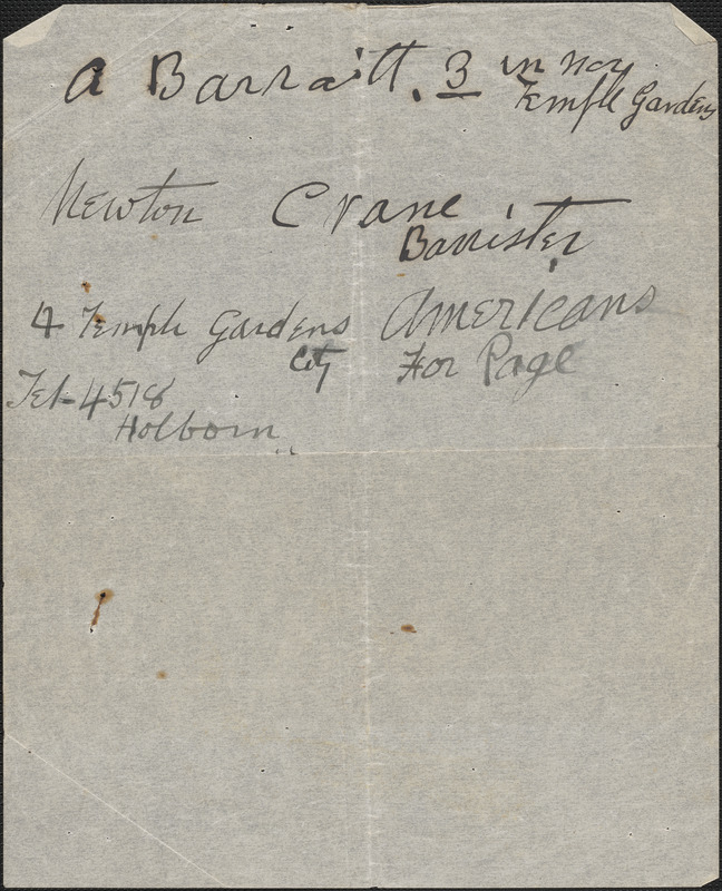 [Victoria Woodhull Martin] Autograph Note, [Bredon's Norton ...