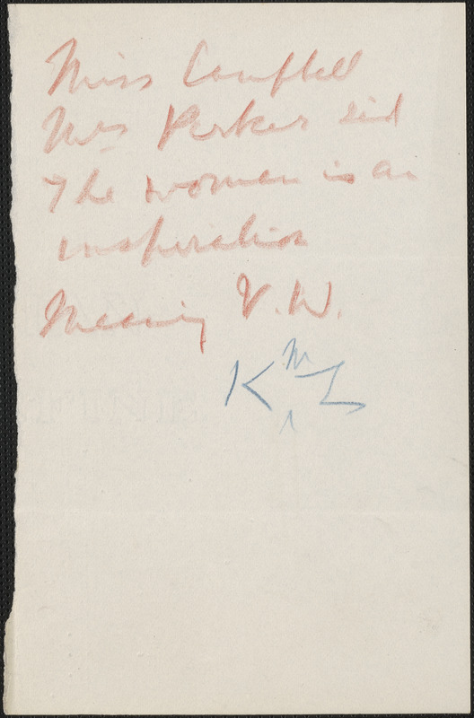 [Zula Maud Woodhull] autograph note, [Hove, Sussex, England, approximately 1927-1930?]