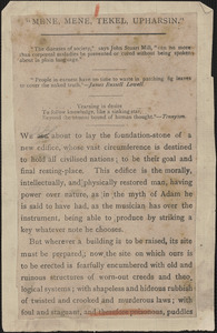 [Victoria Woodhull Martin]: "Mene, Mene, Tekhel, Upharsin." (incomplete), [approximately 1884-1927]