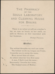 Victoria Woodhull Martin: "The pharmacy of the souls laboratory...", [approximately 1884-1927]