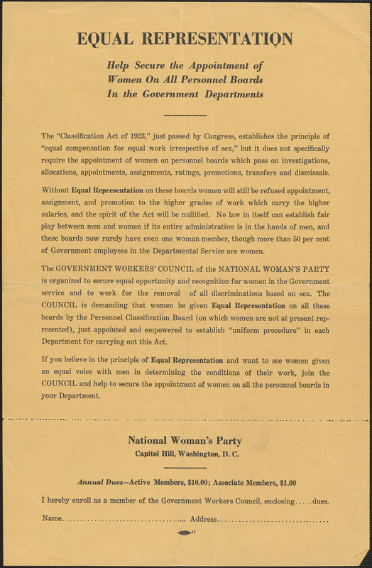 National Woman's Party handbill: Equal representation, Washington, D.C., approximately 1923