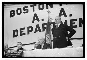 Boston Park Department function, Boston Parks Commissioner William Long seated in center