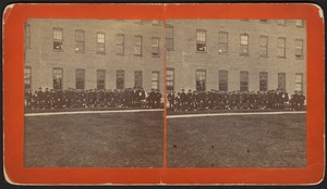 Chinese workers outside Sampson Shoe Factory (dark clothes)