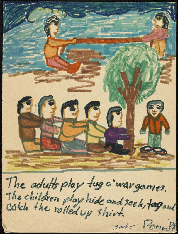 The adults play tug o'war games