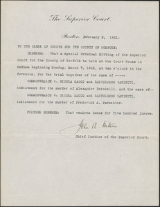 Order for special sitting of Superior Court beginning March 7, 1921 and venires issued for 500 jurors
