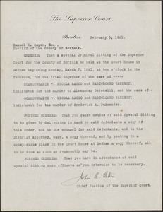Order for special Criminal sitting of Superior Court beginning March 7, 1921
