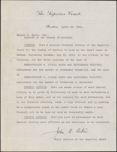 Order from Judge John A. Aiken for special sitting beginning May 31, 1921 and venires issued for 500 jurors