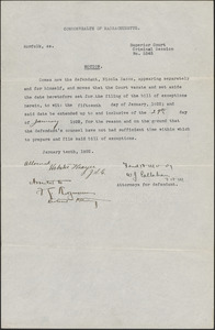 Motion of defendant Nicola Sacco to extend time for filing exceptions to January 24, 1922