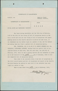 Order extended time for filing exceptions of defendant Bartolomeo Vanzetti to February 20, 1922