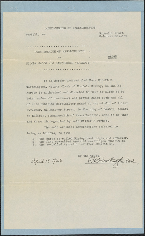 Order authorizing Clerk of Courts to guard exhibits - Digital Commonwealth