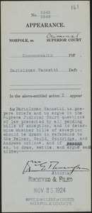 Appearance of William G. Thompson for defendant Bartolomeo Vanzetti