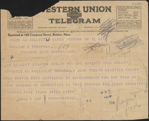 Telegram from Commissioner Benjamin Day to William G. Thompson