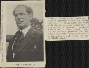 Newspaper clipping from Soviet Russia Pictorial about Fred G. Biedenkapp