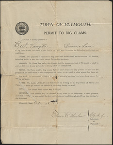 Permit to dig clams in the Town of Plymouth awarded to 'Bert Vanzetti'