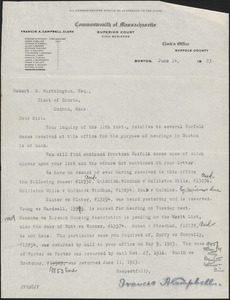 Letter from Francis A. Campbell to Robert B. Worthington, Clerk of Courts (Norfolk County)