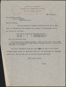 Letter from Robert B. Worthington, Clerk of Courts (Norfolk County) to Richard L. Shedd (Deputy Sheriff in Brookline, MA)