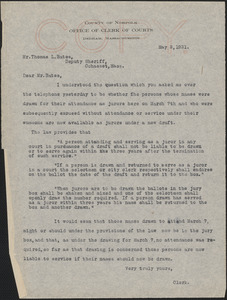 Letter from Robert B. Worthington, Clerk of Courts (Norfolk County) to Thomas L. Bates, Deputy Sheriff (Cohasset, Massachusetts)