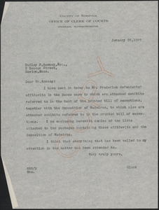 Letter from Robert B. Worthington, Clerk of Courts (Norfolk County) to Dudley P. Ranney