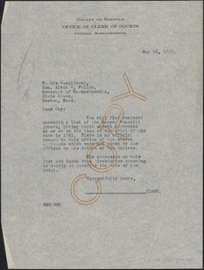 Letter from Robert B. Worthington, Clerk of Courts (Norfolk County) to Massachusetts Governor Alvan T. Fuller