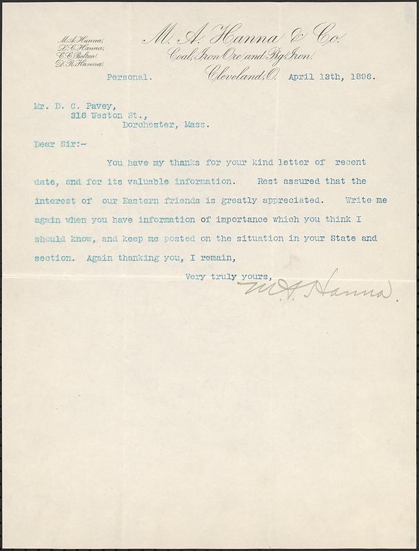 Letter from M.A. Hanna, Cleveland, O., to Darwin C. Pavey, Dorchester, Mass., 1896 April 13