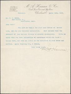 Letter from M.A. Hanna, Cleveland, O., to Darwin C. Pavey, Dorchester, Mass., 1896 April 13