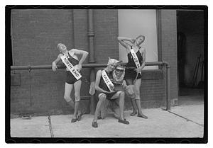 Three men posing wearing sashes, Boston Park Department Circus entertainers