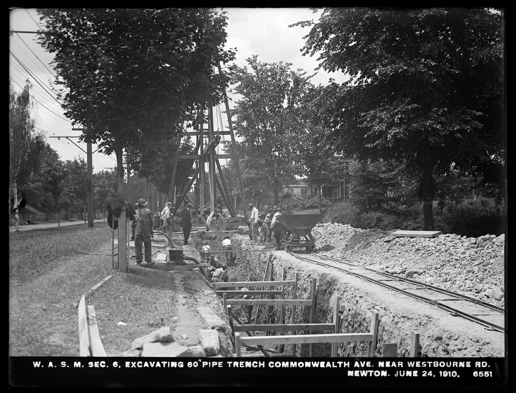 Distribution Department, Weston Aqueduct Supply Mains, Sections 6, excavating 60-inch pipe trench in Commonwealth Avenue near Westbourne Road, Newton, Mass., Jun. 24, 1910