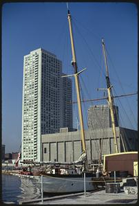 Ship 'Westward' on Long Wharf in front of Aquarium and apartment towers