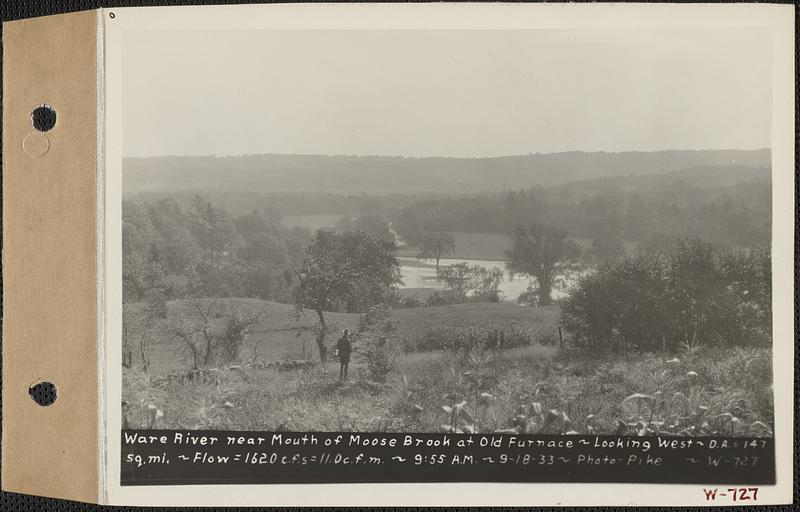 Ware River, near mouth of Moose Brook at Old Furnace, looking west, drainage area = 147 square miles, flow = 1620 cubic feet per second = 110 cubic feet per second per square mile, Hardwick, Mass., 9:55 AM, Sep. 18, 1933