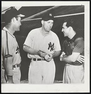 Just Like Any Baseball Fan, featherweight boxing champion Willie Pep (right) asks Frank Shea, New York Yankee hurler, for an autograph as Catcher Joe Garagiola, of St. Louis Cards (left) looks on. Pep appeared in Tampa last night for an exhibition bout but went to Yank-Cards game in the afternoon.