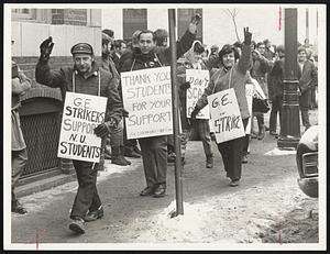 GE Strikers (top photo) joined student protesters (bottom) Northeastern yesterday.