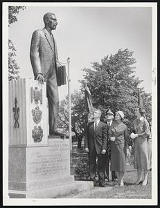 Statue of the late Secretary of Labor Maurice A. Tobin was unveiled on the Charles River Esplanade today. Participating in the ceremonies were, left to right: Maurice J. Tobin Jr.; Col. Daniel J. Murphy, Massachusetts National Guard; Mrs. Thomas Egan, widow of the late governor, and their daughter, Carol Tobin. He also served as Secretary of Labor under ex-President Truman.