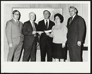 Mayor Kevin White is shown presenting checks totaling $5,540 to Frederik T. J. Harvey of 346 Geneva Avenue, Dorchester, and Mrs. Vasilios Papagianopoulos of Spring Park Avenue, Jamaica Plain, code enforcement grant for general home repairs. They are the first of some $3,522,000 made available to Dorchester and Jamaica Plain in Federal code enforcement funds. (L to R) William Peltier, deputy administrator of the Code Enforcement Program, Frederick T. J. Harvey, Mayor White, Mrs. Vasilios Papagianopoulos and Housing Inspection Commissioner Francis Gens.