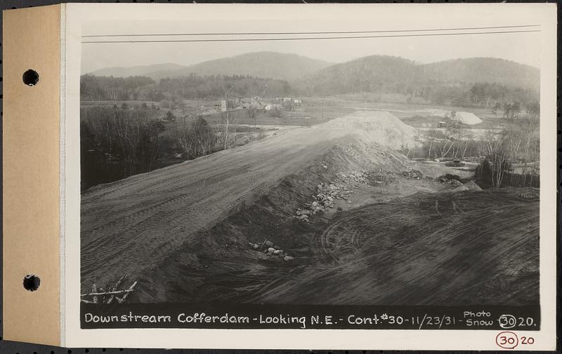 Contract No. 30, Stream Control Works at Main Dam, Swift River Reservoir, Belchertown, Enfield, Ware, downstream cofferdam, looking northeast, Belchertown, Mass., Nov. 23, 1931