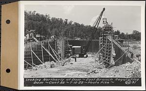 Contract No. 66, Regulating Dams, Middle Branch (New Salem), and East Branch of the Swift River, Hardwick and Petersham (formerly Dana), looking northerly at dam, east branch regulating dam, Hardwick, Mass., Jul. 10, 1939