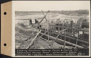 Contract No. 96, Chlorine Storage House and Equipment and Chlorinating Equipment for Gate House at Norumbega Reservoir, Weston, looking northeast showing forms and footing for chlorinator storage house, chlorinator house, Weston, Mass., Apr. 30, 1940