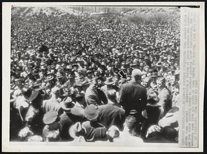 Union Workers Congregate- Gov. Robert D. Blue is shown (see arrow) addressing a throng of union workers who converged on the state capitol today to protest pending labor legislation. The union members came from all parts of Iowa during the morning.