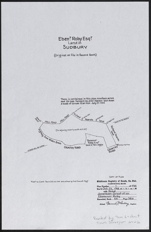 Ebenezer Roby Esquire land in Sudbury, 1744