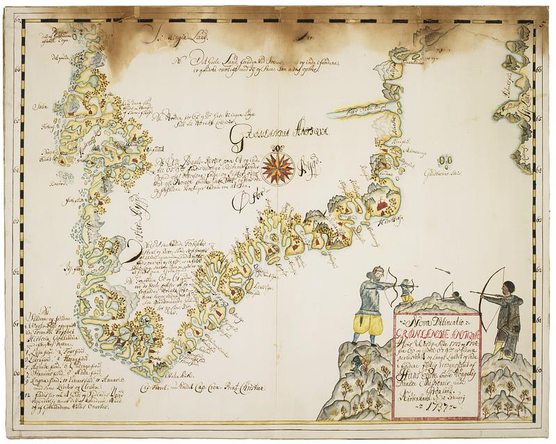 Nova Delineatio Grønlandiæ Antiqvæ Hvis Wester Siide 1723 og 1724 fra 60 og indtil 67 grader er bleven perlustrerit og langs Landet og inde i fiordene flittig recognoseeret af Hans Egede, förste Kongelig Danske Missionair udi Grönland Kiöbenhavn den 4. January. 1737