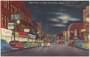 Main Street at night, Waterville, Maine