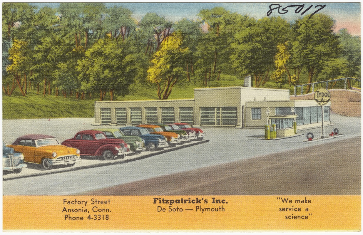 Fitzpatrick's Inc., De Soto -- Plymouth. Factory Street, Ansonia, Conn. Phone 4-3118. "We make service a science"