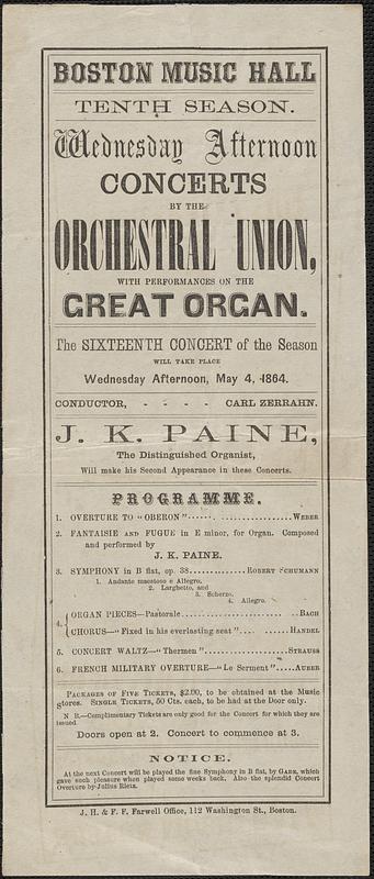 Boston Music Hall tenth season, Wednesday afternoon concerts by the Orchestral Union