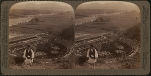 Ruins of the theatre, largest in Greece, and the Thersilion to left, N.E., Megalopolis