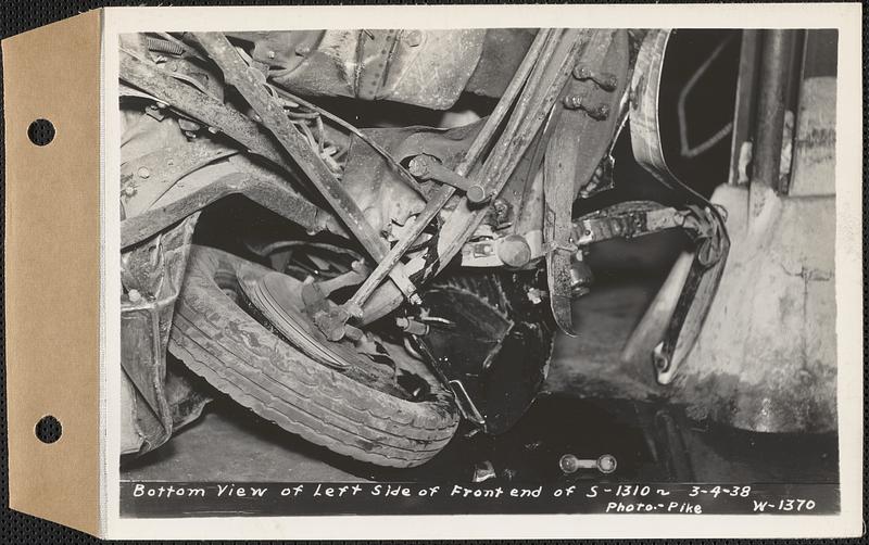 Bottom view of left side of front end of S1310, Tewksbury, Mass., Mar. 4, 1938