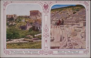 The Acropolis, from Monument of Philopappus, Athens, Greece. Royal seats, Theater of Dionysos, Athens, Greece